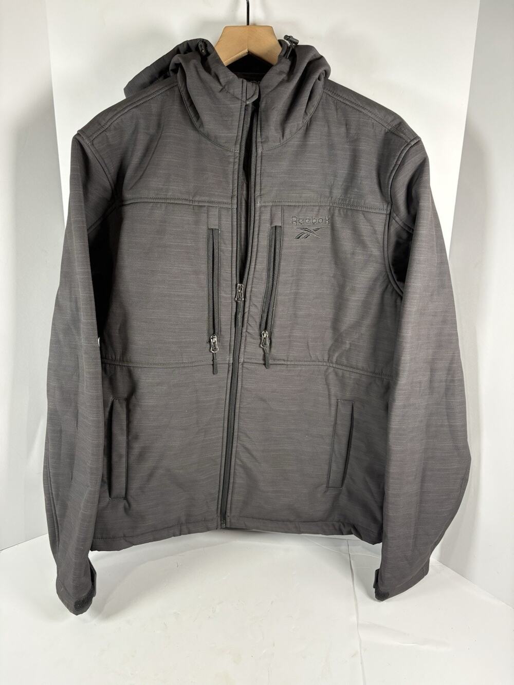 Reebok Mens Medium Black Hooded Softshell Jacket Fleece Lined Full Zip Coat